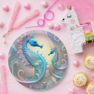 Girly Seahorses Pastel Fractal Art, Paper Plate