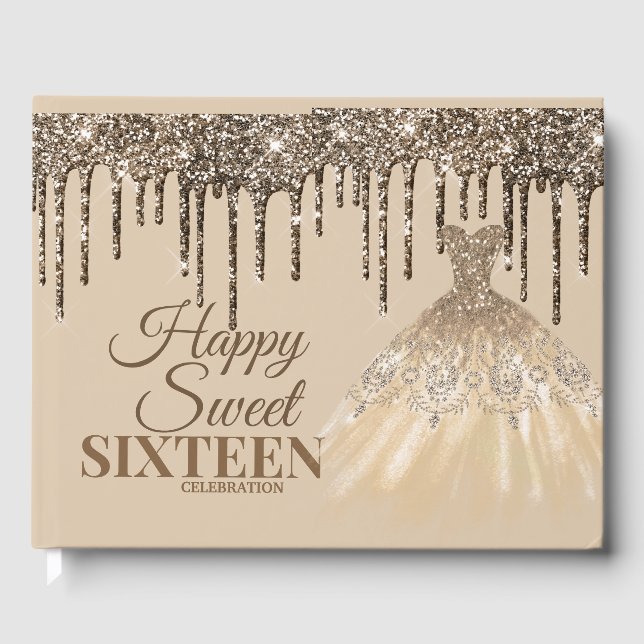 Girly Shining Glitter Drip Spark Sweet 16 Birthday Guest Book (Front)