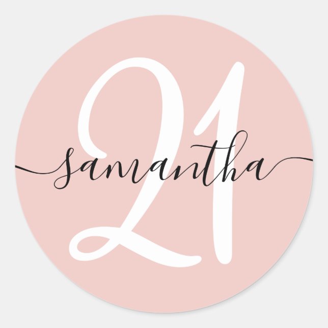 Girly Signature Personalized Number 21 Blush Classic Round Sticker (Front)