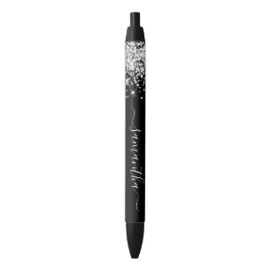Girly Signature Silver Glitter on Black Ink Pen