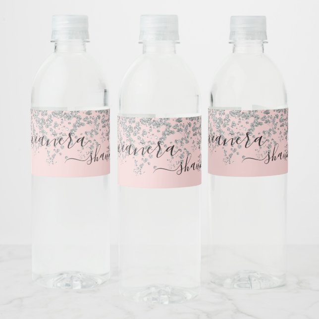 Girly Silver and Blush Pink Monogram Sparkle Water Bottle Label (Bottles)