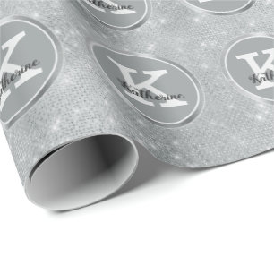 Girly Silver Cute Diamond Sparkle Monogram Name Wrapping Paper