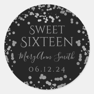 Girly Silver Foil Confetti Sweet Sixteen Black Classic Round Sticker