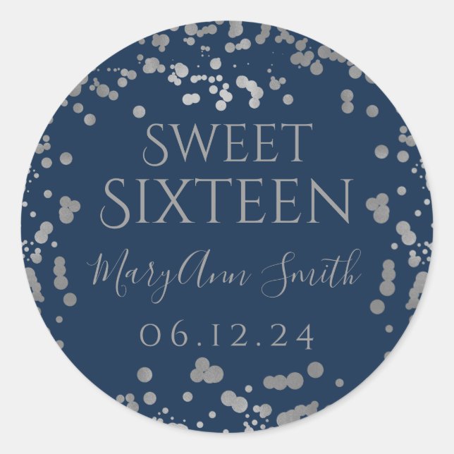 Girly Silver Foil Confetti Sweet Sixteen Navy  Classic Round Sticker (Front)
