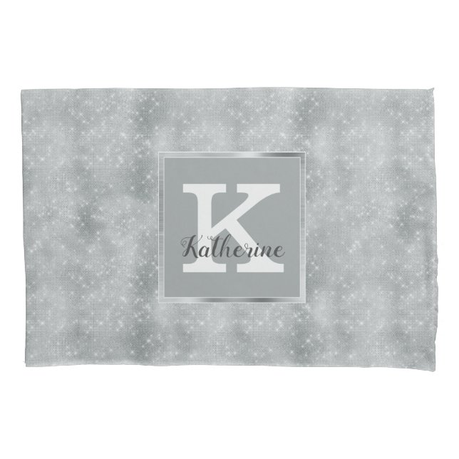 Girly Silver Glam Diamond Sparkle Monogram Name Pillowcase (Front)