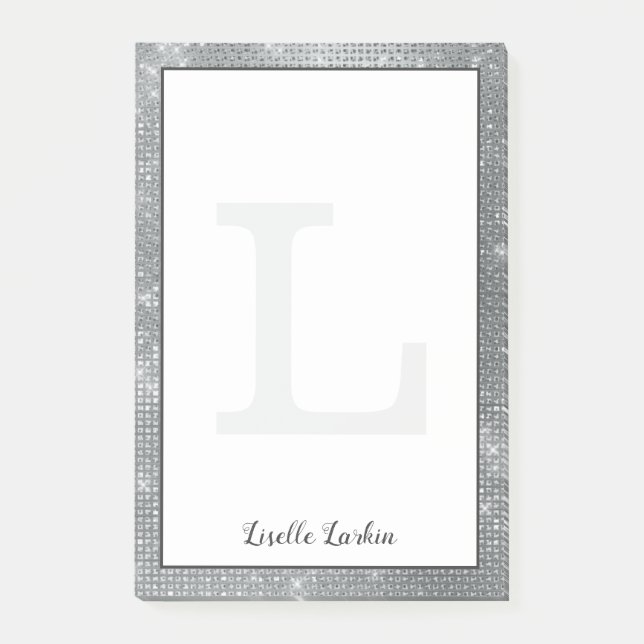 Girly Silver Glam Diamond Sparkle Monogram Name Post-it Notes (Front)