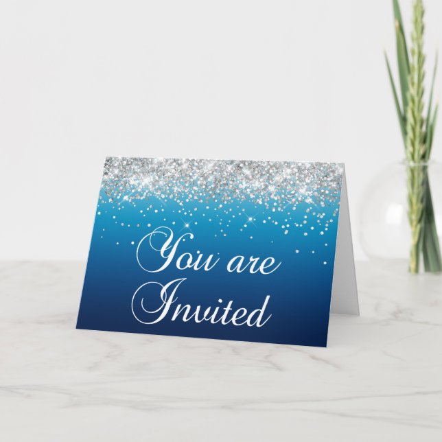 Girly Silver Glitter Blue Gradient You Are Invited Invitation (Front)