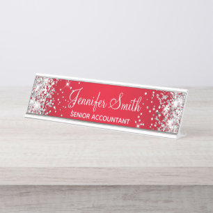 Girly Silver Glitter Bright Red Gradient Desk Name Plate