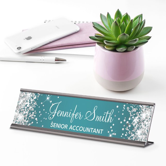 Girly Silver Glitter Dark Turquoise Gradient Desk Name Plate (Silver Glitter and Teal Name Plate for Her)