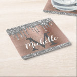 Girly Silver Glitter Drips Rose Gold Monogram Square Paper Coaster<br><div class="desc">Stylish, girly silver glitter drips custom name and monogrammed paper coaster. This design features silver grey (grey) glitter sparkle drips on blush rose gold brushed metal background with personalized monogram initial and first name text template. Perfect feminine gift for girlfriend, sister, mother, birthday, sweet 16 birthday party, wedding, bridal shower,...</div>