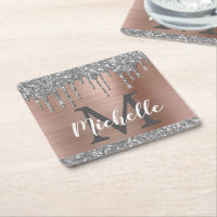 Girly Silver Glitter Drips Rose Gold Monogram