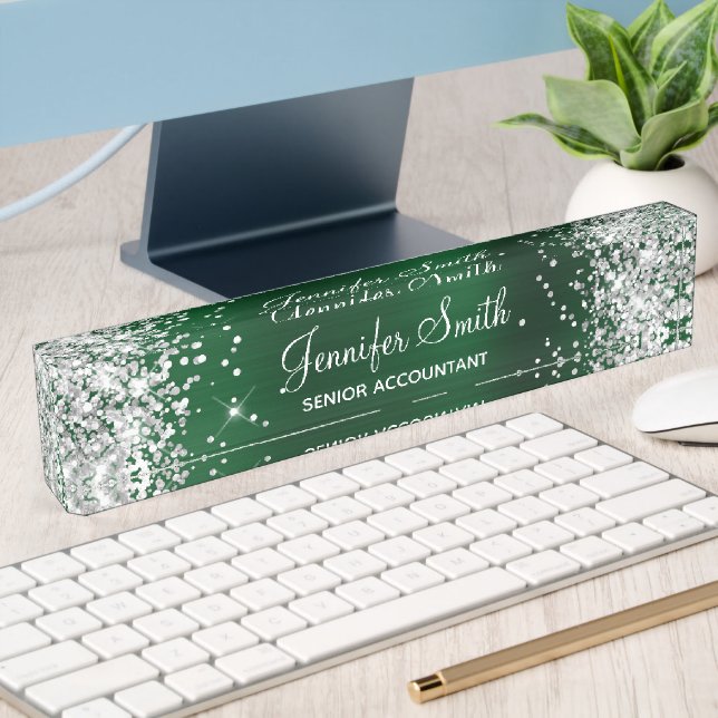 Girly Silver Glitter Faux Dark Green Foil Nameplate