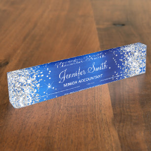 Girly Silver Glitter Faux Royal Blue Foil Nameplate