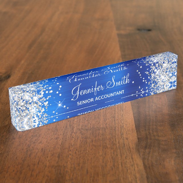 Girly Silver Glitter Faux Royal Blue Foil Nameplate (Side)