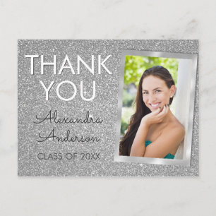 Girly Silver Glitter Graduation Thank You Postcard