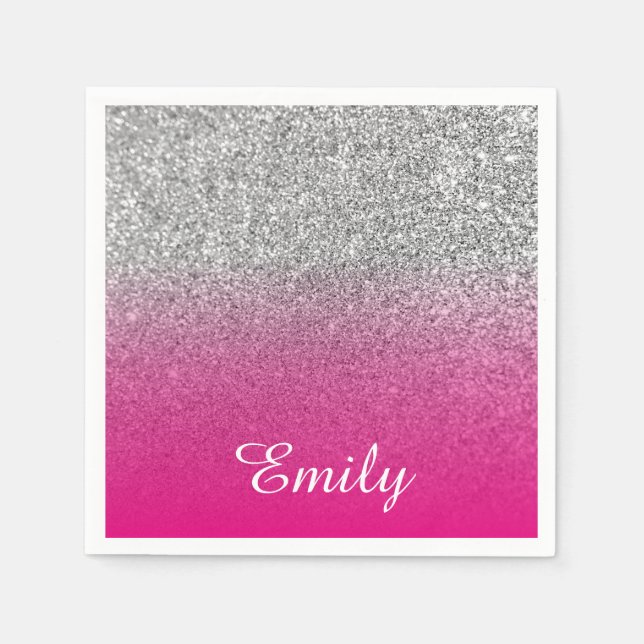 Girly Silver Glitter Hot Pink Personalized Napkin (Front)