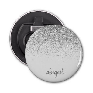 Girly Silver Glitter Modern Monogram Name Bottle Opener
