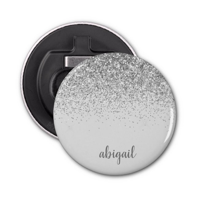 Girly Silver Glitter Modern Monogram Name Bottle Opener (Front)
