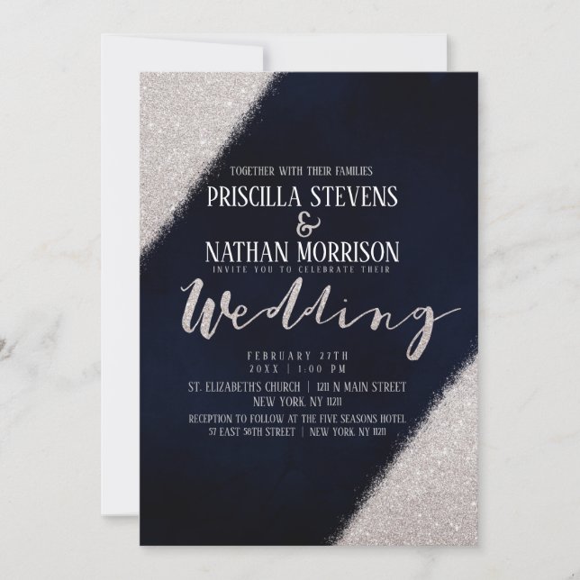 Girly Silver Glitter Navy Blue Watercolor Wedding Invitation (Front)