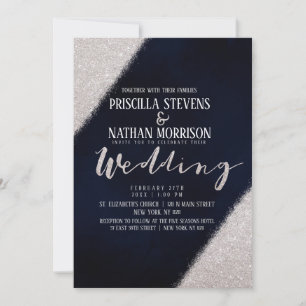 Girly Silver Glitter Navy Blue Watercolor Wedding Invitation