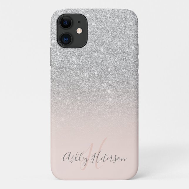 Girly silver glitter ombre sparkles monogrammed Case-Mate iPhone case (Back)