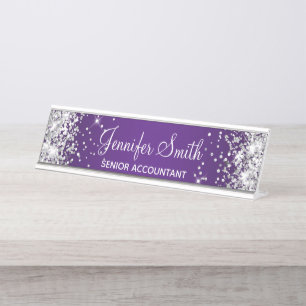 Girly Silver Glitter Royal Purple Gradient Desk Name Plate