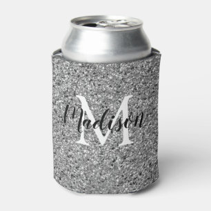 Girly Silver Glitter Sparkle Chic Monogram Name Can Cooler