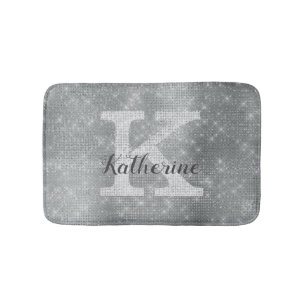Girly Silver Glitter Sparkle Glam Monogram Name Bath Mat