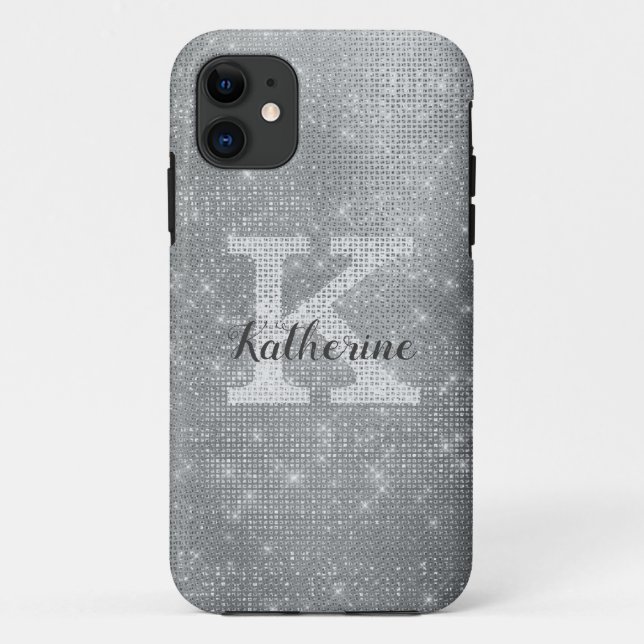 Girly Silver Glitter Sparkle Glam Monogram Name Case-Mate iPhone Case (Back)