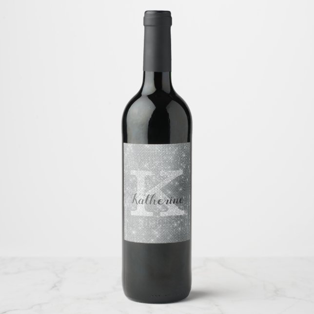 Girly Silver Glitter Sparkle Glam Monogram Name Wine Label (Front)