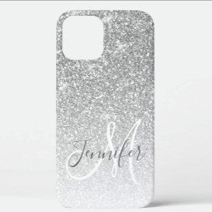Girly Silver Glitter Sparkle Monogram Name iPhone 12 Case