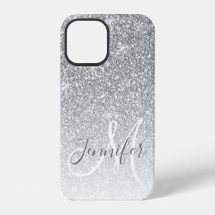 Girly Silver Glitter Sparkle Monogram Name iPhone 12 Case