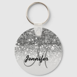 Girly Silver Glitter Sparkles Monogram Name Keychain