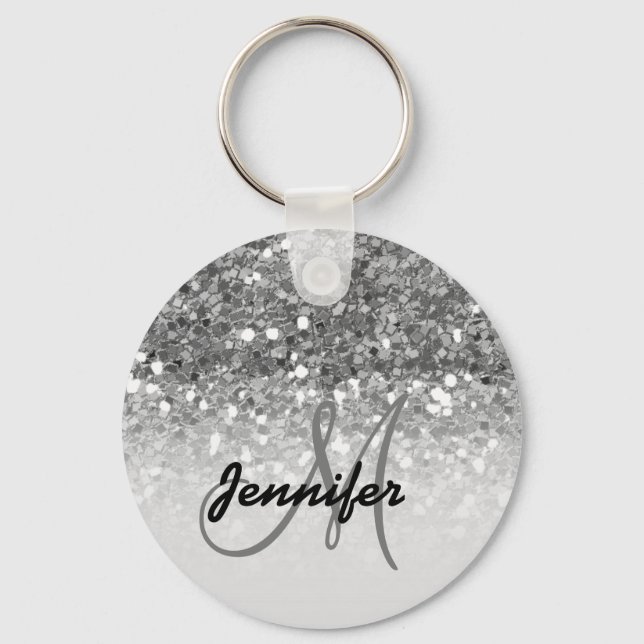 Girly Silver Glitter Sparkles Monogram Name Keychain (Front)