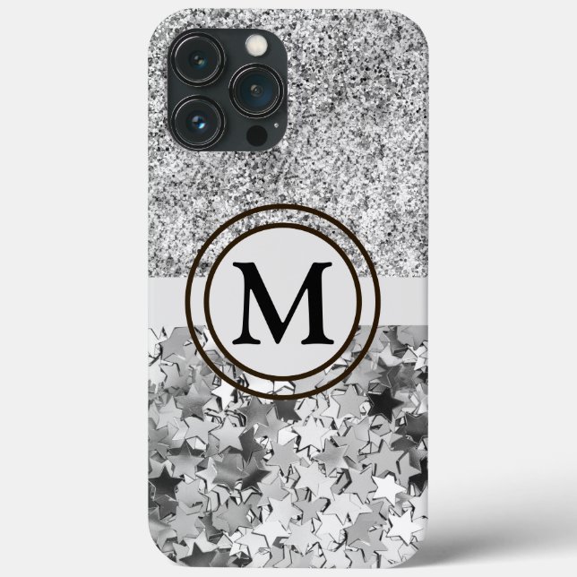 Girly Silver Glitter Stars Monogram Case-Mate iPhone Case (Back)
