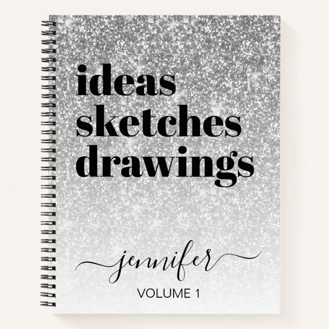 Girly Silver Glitter Your Name Sketchbook Notebook (Front)