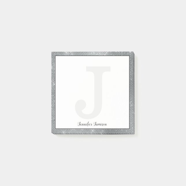 Girly Silver Gray Glam Sparkle Small Monogram Name Post-it Notes (Front)