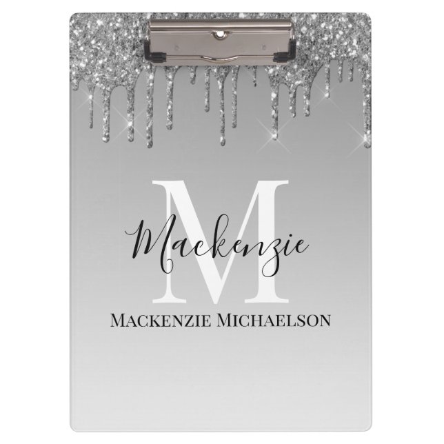 Girly Silver Grey Glitter Monogram Name   Clipboard (Front)
