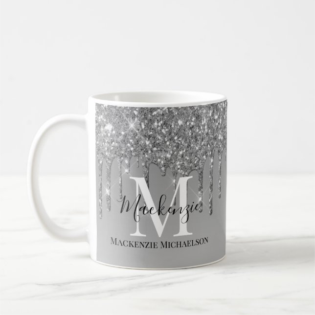Girly Silver Grey Glitter Monogram Name   Coffee Mug (Left)
