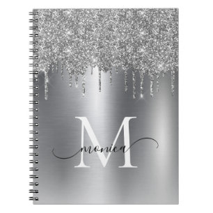 Girly Silver Metal Glitter Blush Ombre Monogram Notebook