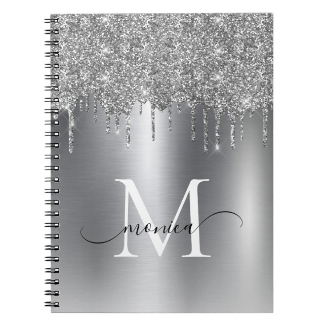 Girly Silver Metal Glitter Blush Ombre Monogram Notebook (Front)