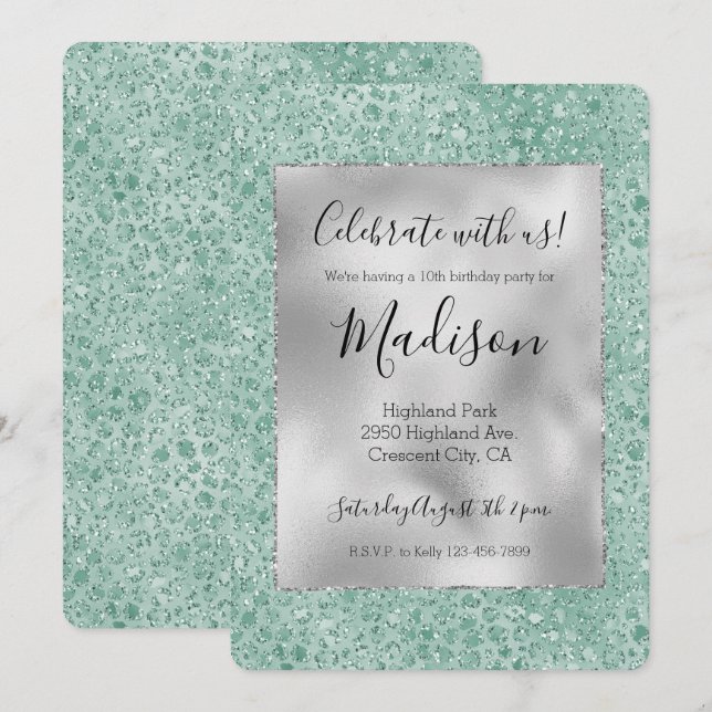 Girly Silver Mint Glitter Glitz Leopard print Invitation (Front/Back)