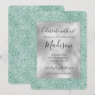 Girly Silver Mint Glitter Glitz Leopard print Invitation