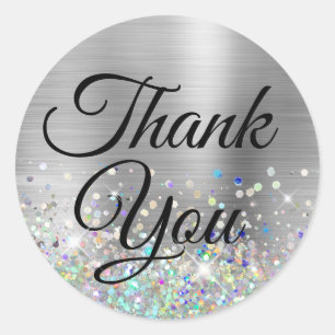 Girly Silver Ombre Holo Glitter Thank You Classic Round Sticker