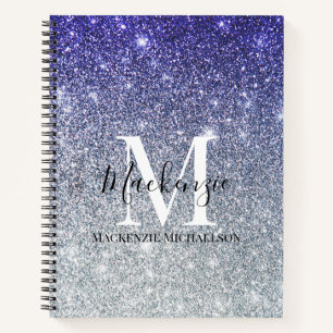 Girly Silver Purple Ombre Glitter Monogram Name  Notebook