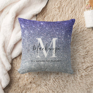 Girly Silver Purple Ombre Glitter Monogram Name  Throw Pillow
