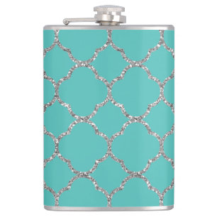 Girly Silver Quatrefoil Custom Teal Flask