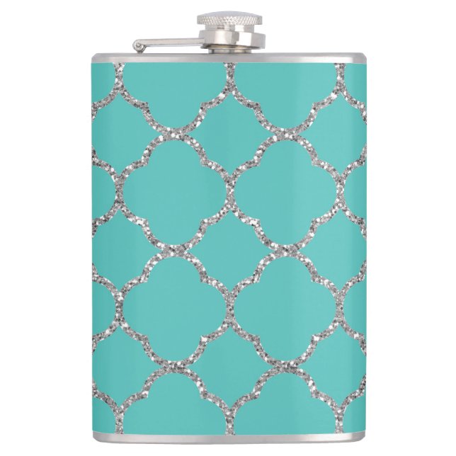 Girly Silver Quatrefoil Custom Teal Flask (Front)