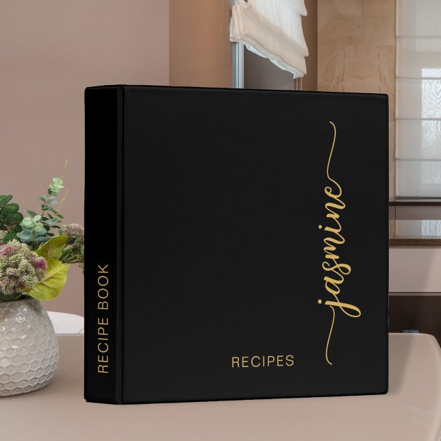 Girly Simple Black Gold Monogram Cookbook Recipe Binder (Creator Uploaded)