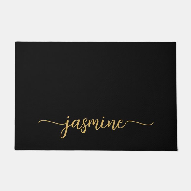 Girly Simple Black Gold Personalized Monogram Name Doormat (Front)